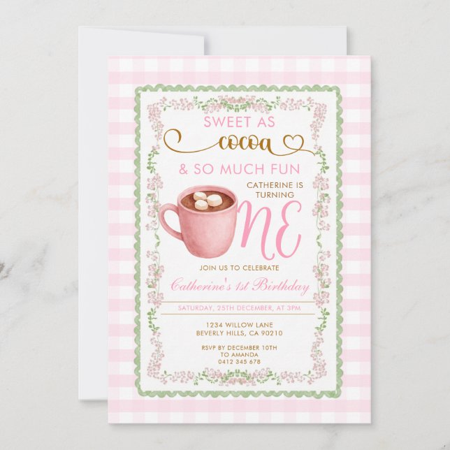Convites Doce como Gingham Rosa de Cacau Primeiro Aniversár (Frente)