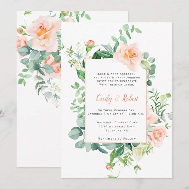 Convites Doce como um Quadro de Rosas em Aquarela Pêssego C (Frente/Verso)