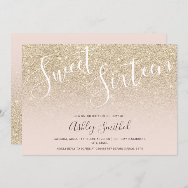 Convites doce cor-de-rosa-claro-dourado (Frente/Verso)