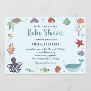 Convites Doce Criaturas Marinhas Coral Azul Baby Shower