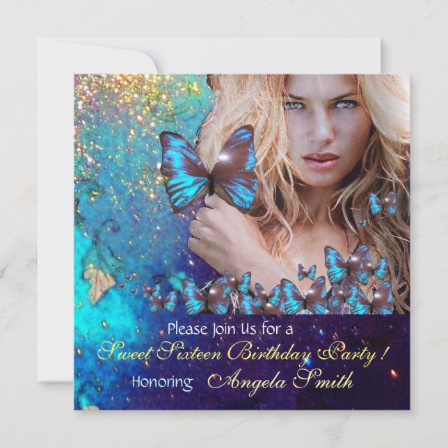 CONVITES DOCE DE BOTTERFLY AZUL MONOGRAMA DE 16 PARTES (Frente)