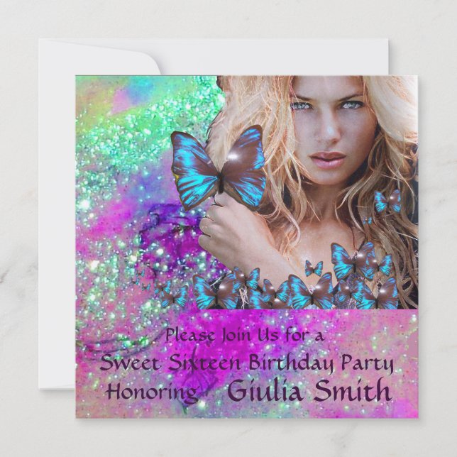 Convites DOCE DE BUTTERFLY AZUL MONOGRAMA DE 16 PARTES,Cham (Frente)