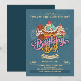 Convites Doce de Cupcake Colorido no Aniversário Azul