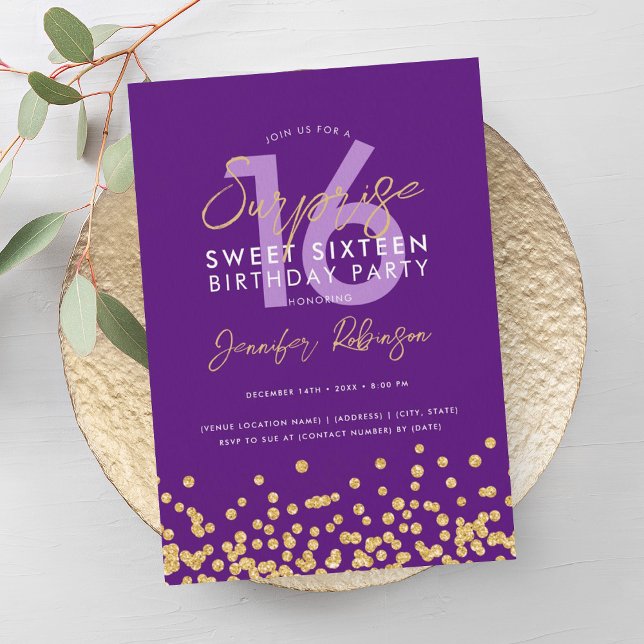 Convites Doce de Glitter Dourado Roxo Confetti (Purple Gold Glitter Confetti Surprise Sweet 16 Invitation)