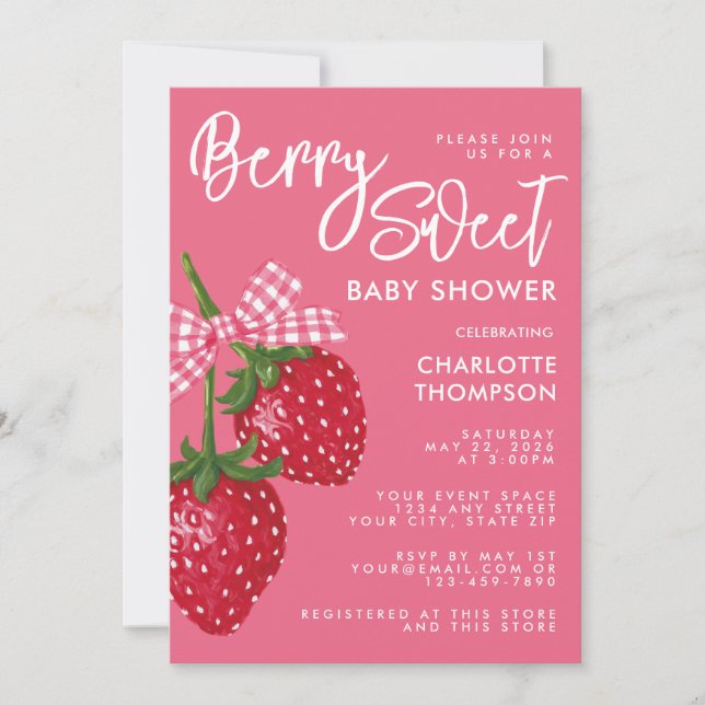 Convites Doce de Morango Rosa e Vermelho Baby Shower (Frente)