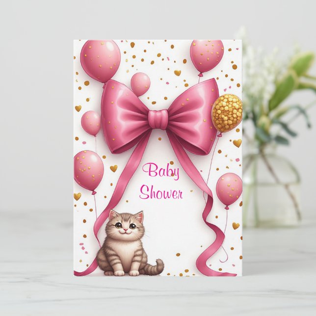 Convites Doce Design de Chá de Bebê Rosa Gatinho 🐱 (Em pé/Frente)