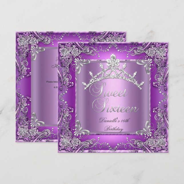 Convites Doce Dezesseis 16 16º Festa de aniversário Roxo (Frente/Verso)