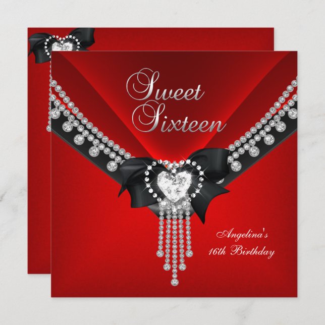 Convites Doce Dezesseis 16 Diamante Vermelho Negro Festa de (Frente/Verso)