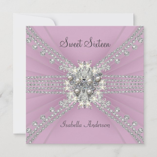 Convites Doce Dezesseis 16 Festa de aniversário Rosa Borbol (Frente)