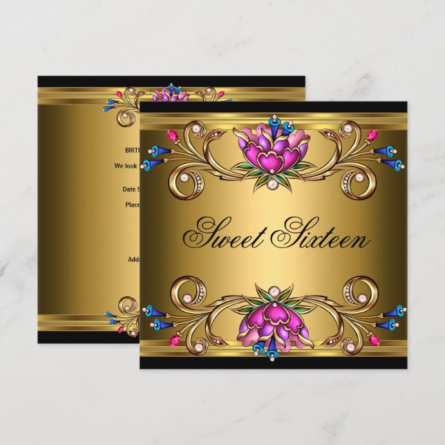 Convites Doce Dezesseis 16 Festas de aniversário Preto-Dour (Frente/Verso)