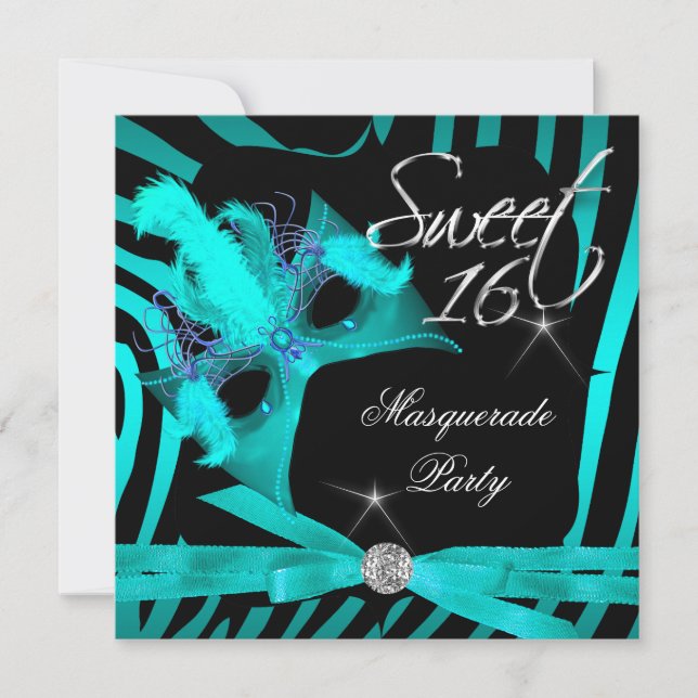 Convites Doce Dezesseis 16 Mascarada Azul Teal Zebra (Frente)