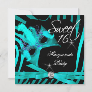 Convites Doce Dezesseis 16 Mascarada Azul Teal Zebra