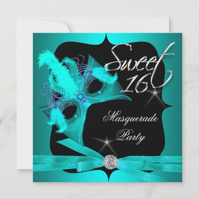 Convites Doce Dezesseis 16 Mascarada Azul Turquesa (Frente)