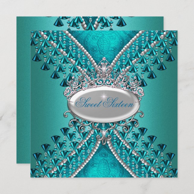 Convites Doce Dezesseis 16 Miçangas Azuis Teais De Festa de (Frente/Verso)
