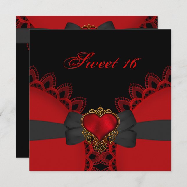 Convites Doce Dezesseis 16 Red Black Lace Heart Gothic (Frente/Verso)