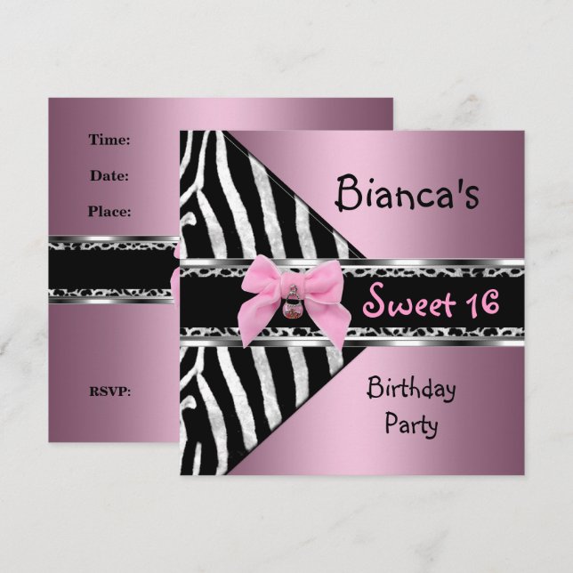 Convites Doce Dezesseis 16 Rosa Prata Preto Zebra Leopardo (Frente/Verso)
