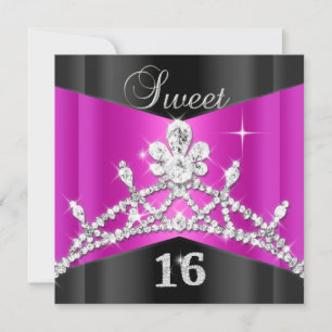 Convites Doce Dezesseis 16 Rosa Quente Preto Prata Tiara