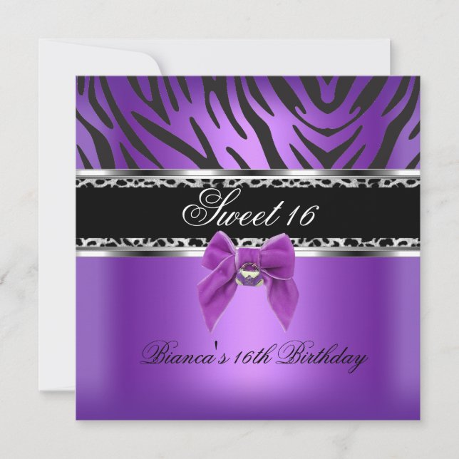 Convites Doce Dezesseis 16 Roxo Prata Preto Zebra Leopardo (Frente)