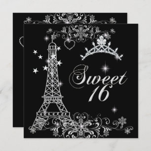 Convites Doce Dezesseis 16 Torre Eiffel de Prata Negra