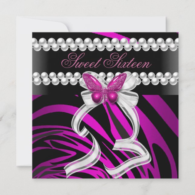 Convites Doce Dezesseis 16 Zebra Borboleta Preto Rosa Branc (Frente)