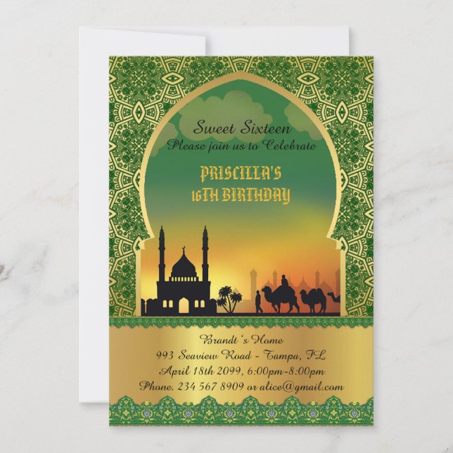 Convites Doce Dezesseis, aniversário, convite, noite árabe (Frente)