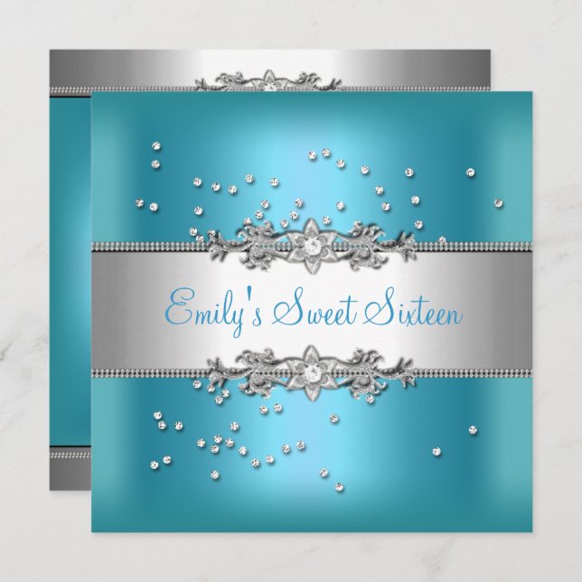 Convites Doce Dezesseis Aniversário Ouros Azuis de Teal Azu (Frente/Verso)
