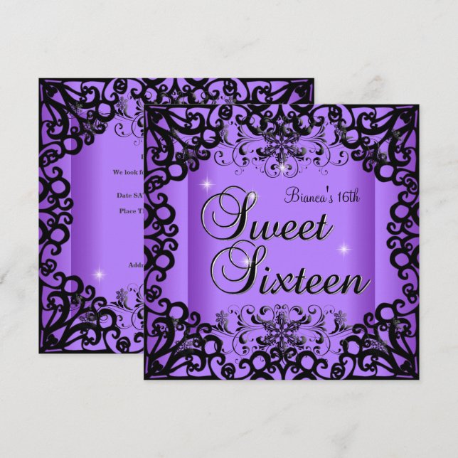 Convites Doce Dezesseis Aniversário Preto Roxo (Frente/Verso)