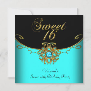 Convites Doce Dezesseis Azul Teal Dourado Preto Doce 16