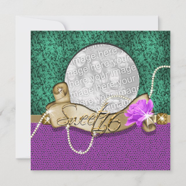 Convites "doce dezesseis", bling verde roxo 16 anos (Frente)