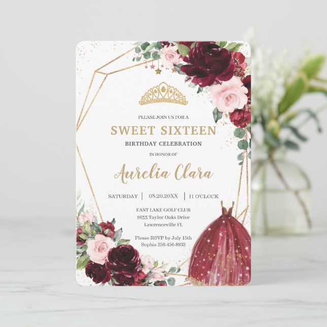 Convites Doce Dezesseis Borgonhas Rosa Floral 16º Aniversár (Em pé/Frente)
