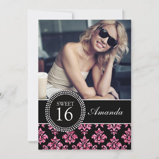 CONVITES DOCE DEZESSEIS, BRILHO COR-DE-ROSA, DAMASCO PRETO (Frente)