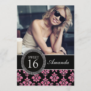 CONVITES DOCE DEZESSEIS, BRILHO COR-DE-ROSA, DAMASCO PRETO