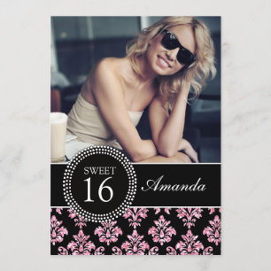 CONVITES DOCE DEZESSEIS, BRILHO DO ROSA DE BEBÊ, DAMASCO