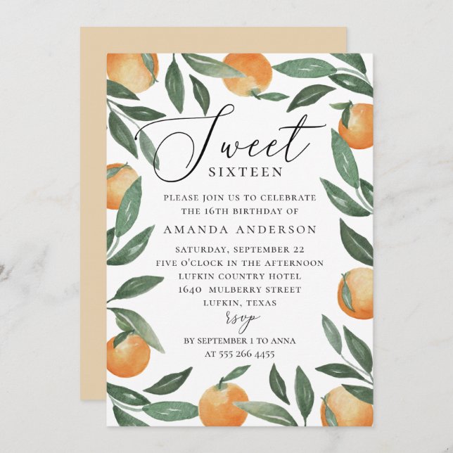 Convites Doce Dezesseis | Citrus Orange & Greenery Birthday (Frente/Verso)