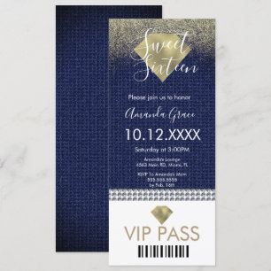 Convites Doce Dezesseis Diamantes de Brilho Denim Dourado
