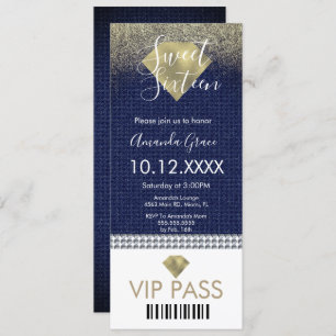 Convites Doce Dezesseis Diamantes de Denim Dourados