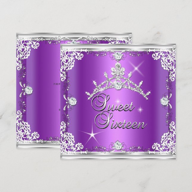 Convites Doce Dezesseis Doce Diamante de Prata Roxo 16 Tiar (Frente/Verso)