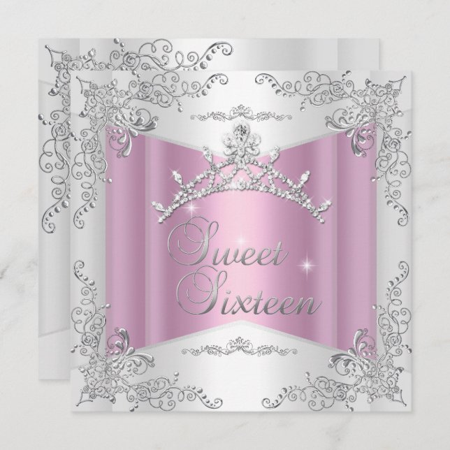 Convites Doce Dezesseis Doce Prata Branca De 16 Rosa Tiara (Frente/Verso)