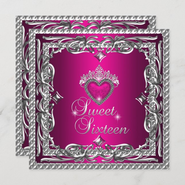 Convites Doce Dezesseis Doce Prata Rosa Tiara, 16 Glitter (Frente/Verso)