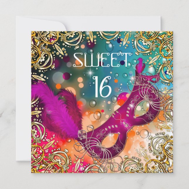 Convites Doce Dezesseis Doçosos 16 Mascarada Rosa Teal (Frente)