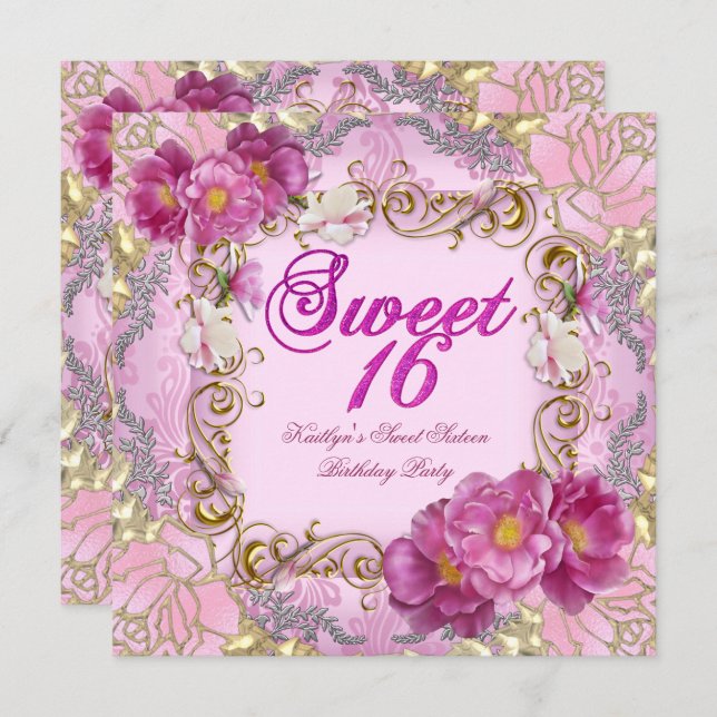Convites Doce Dezesseis Doçosos Flores Douradas De Damasco  (Frente/Verso)
