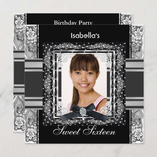 Convites Doce Dezesseis e 16 Festas de aniversário pretas d (Frente/Verso)