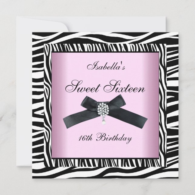Convites Doce Dezesseis e 16 Festas - Zebra Branca Rosa 5 (Frente)