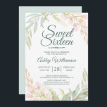 Convites Doce Dezesseis e Dezesseis 16º Aniversário Azul Co<br><div class="desc">Azul, cor-de-rosa, doce, dezesseis anos, 16 anos de convite, elegante design floral cor-de-rosa com folhas em azul claro e aquarelas verdes. Este doce convite 16 apresenta uma escrita elegante e uma tipografia moderna. A parte traseira da placa é pintada em uma cor de água azul correspondente. Para mais personalização, clique...</div>