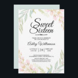 Convites Doce Dezesseis e Dezesseis 16º Aniversário Azul Co<br><div class="desc">Azul, cor-de-rosa, doce, dezesseis anos, 16 anos de convite, elegante design floral cor-de-rosa com folhas em azul claro e aquarelas verdes. Este doce convite 16 apresenta uma escrita elegante e uma tipografia moderna. A parte traseira da placa é pintada em uma cor de água azul correspondente. Para mais personalização, clique...</div>