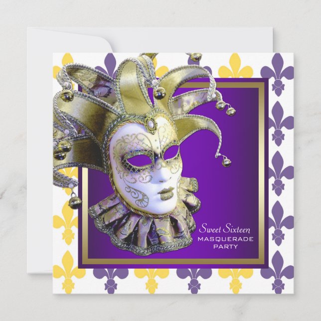 Convites Doce Dezesseis e Dourado Partido Mascarada Roxo (Frente)