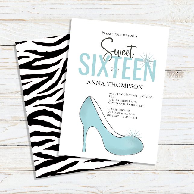 Convites Doce Dezesseis Festas de aniversário Chic Girly (Sweet 16 custom invitations with teal-colored high-heeled shoes. )