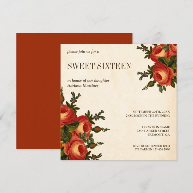 Convites Doce Dezesseis Floral Laranja Rústico Vintage (Frente/Verso)