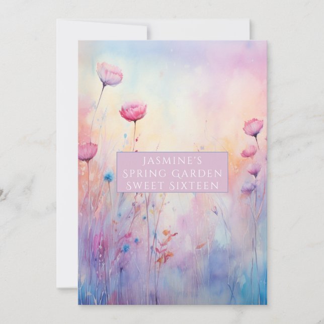 Convites Doce Dezesseis Flores Azuis Cor-de-Rosa (Frente)