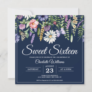 Convites Doce Dezesseis Flores Selvagens Elegante 16.º Aniv